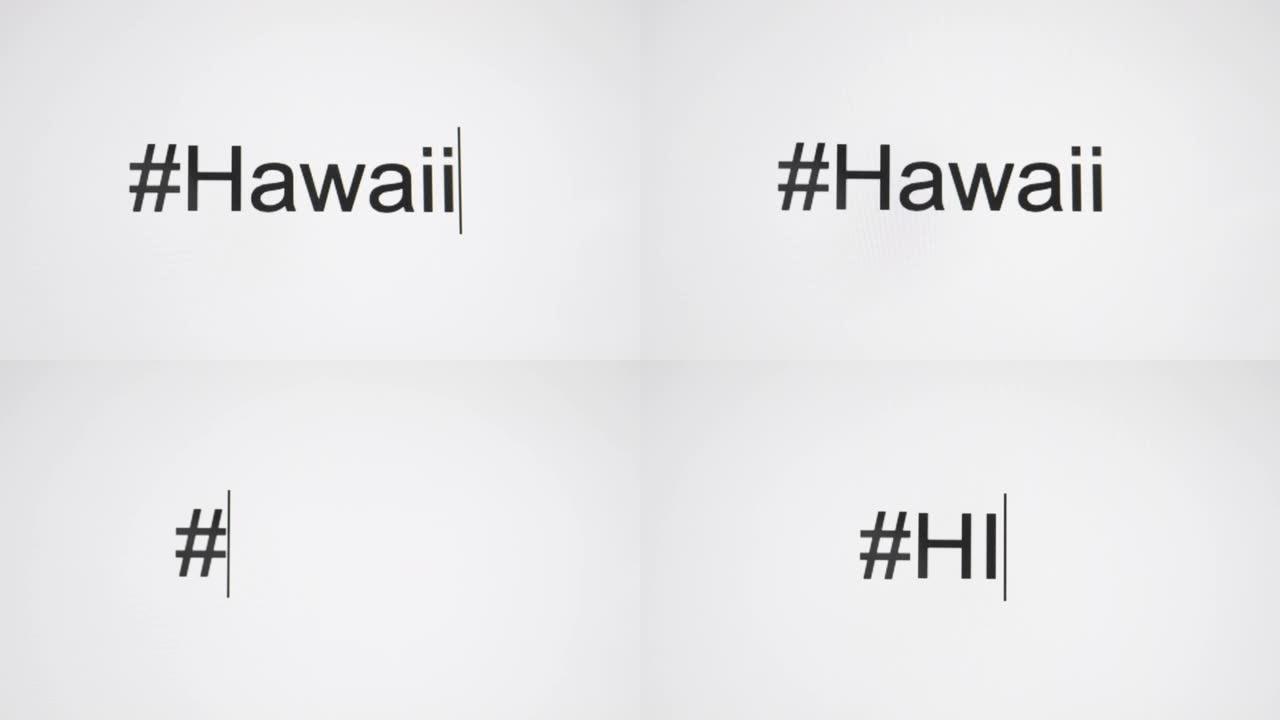 一个人在其计算机屏幕上键入 “# Hawaii”，然后跟随状态缩写