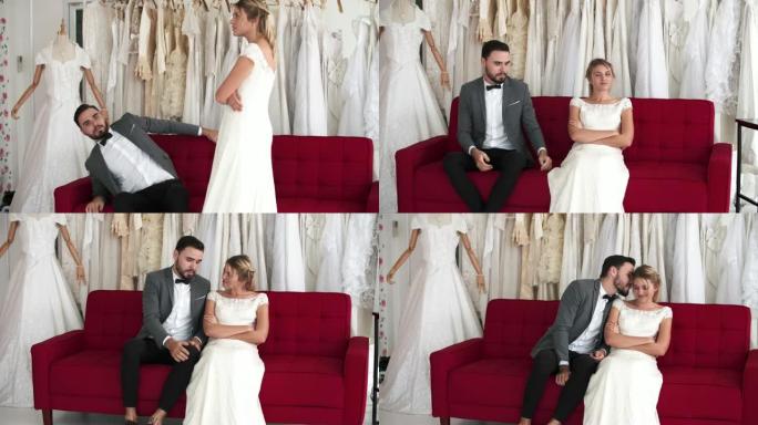 红色沙发上的新娘和新郎