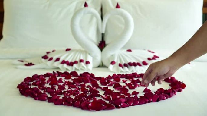 房间女仆在床上撒了许多玫瑰花瓣