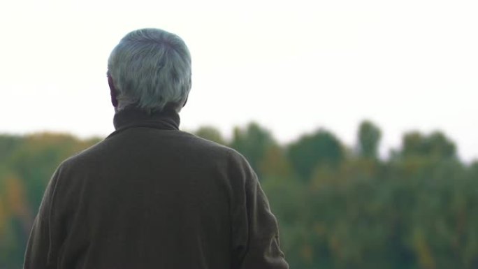 退休男子在明亮的秋天树上寻找距离思考生活