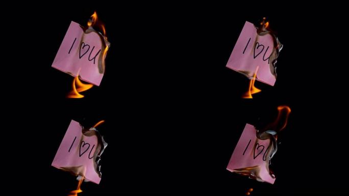 SLO MO LD粉红色的纸，上面刻有 “我爱你” 的字样，在火焰中燃烧