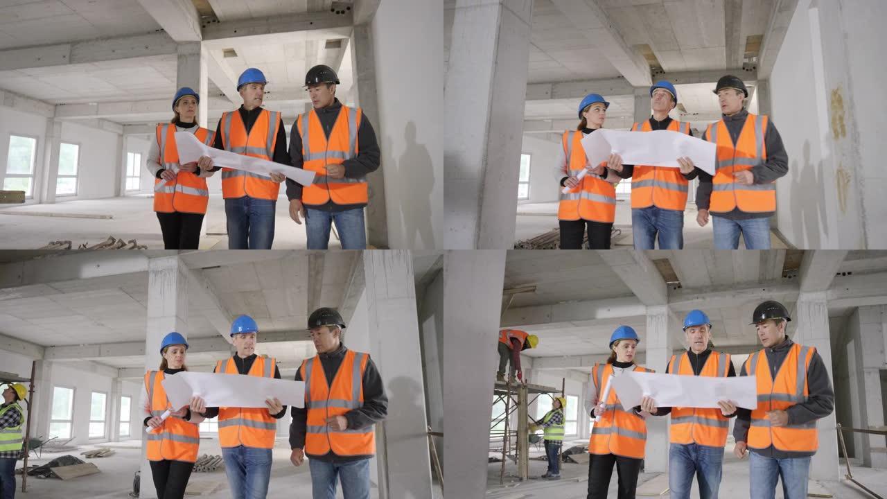 TS女服务员和工头与男建筑师一起在建筑工地散步，同时查看计划