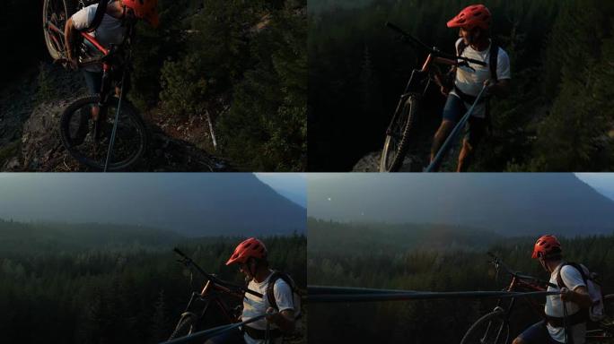 成熟的男性山地自行车手使用牵引绳进入小径