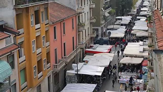 延时: 欧洲米兰的周日市场步行街。