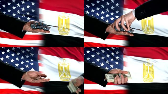 美国和埃及官员用坦克交换金钱，旗帜背景，国防交易