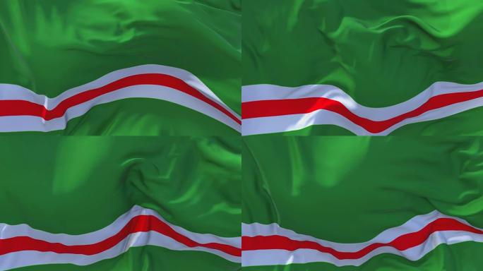 车臣共和国国旗迎风飘扬的慢动作动画。4K逼真的织物纹理旗帜平稳吹在一个刮风的日子连续无缝循环背景。