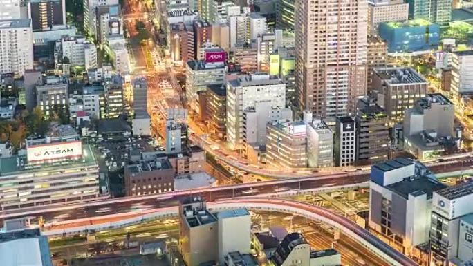 延时: 日本夜间名古屋市景公路的鸟瞰图