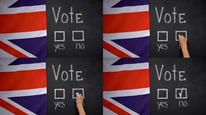 背景是英国国旗，在投票中手写没有答案，议会选举