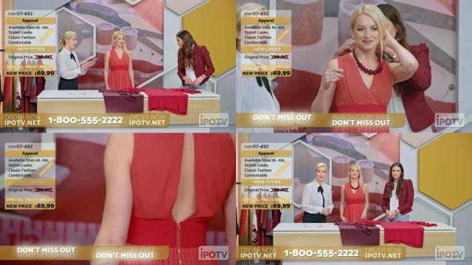 美国商业广告蒙太奇: 电视节目中的造型师谈论模特所穿的衣服，并在与女主持人交谈时在脖子上戴了一条项链