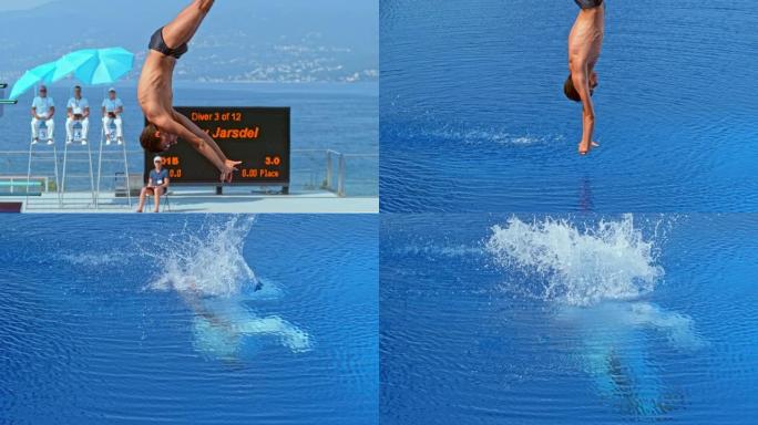 SLO MO男潜水员在跳水比赛中撞到游泳池之前在空中伸直身体