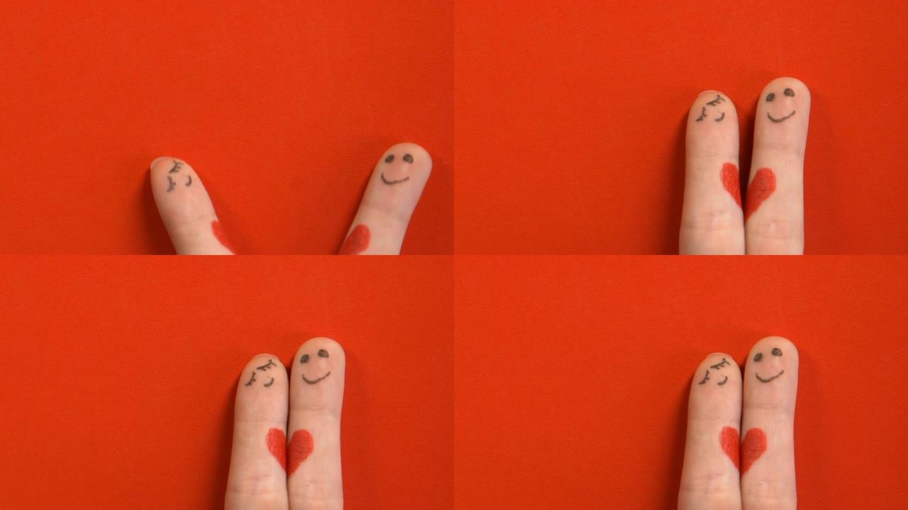手指脸情侣结合在一起，关系和家庭，真实的感觉概念