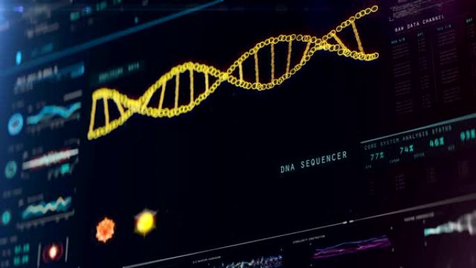 DNA分子链在屏幕上旋转，数据分析，遗传疾病检测