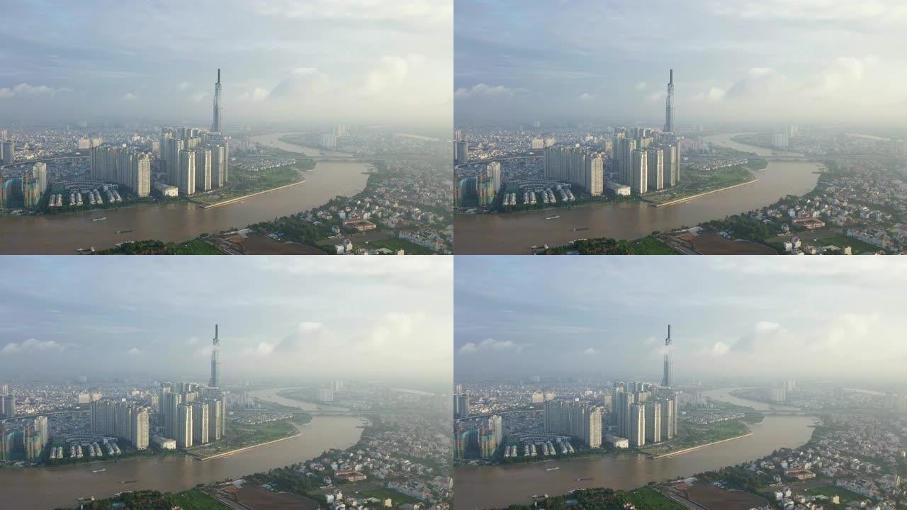 鸟瞰图胡志明市的天际线和摩天大楼中心的心脏业务在胡志明市市中心