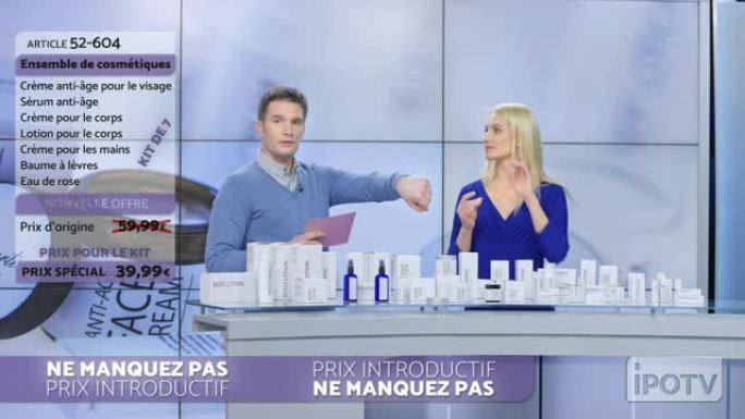 法语中的商业广告蒙太奇: 女人在商业广告节目中展示化妆品线，当他们说话时，在男性主持人的手背上擦一些