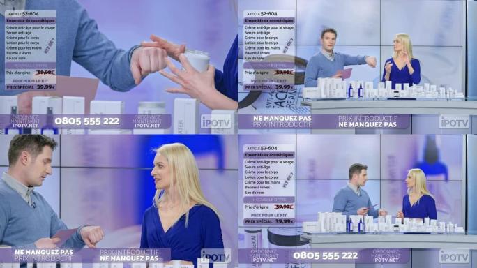 法语中的商业广告蒙太奇: 女人在商业广告节目中展示化妆品线，当他们说话时，在男性主持人的手背上擦一些
