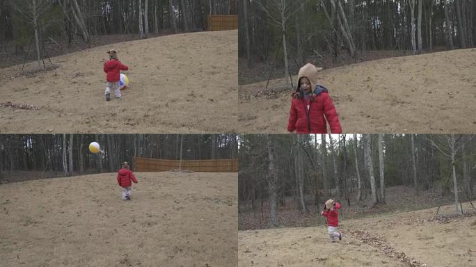 小男孩在后院玩沙滩球