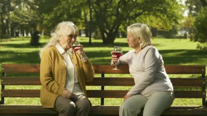 两个老太太在公园的长凳上喝酒聊天，幸福的黄金岁月
