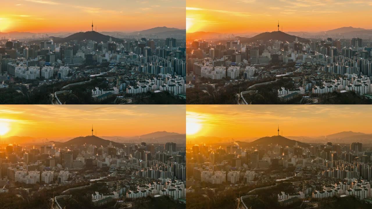 首尔市中心天际线的延时日出场景