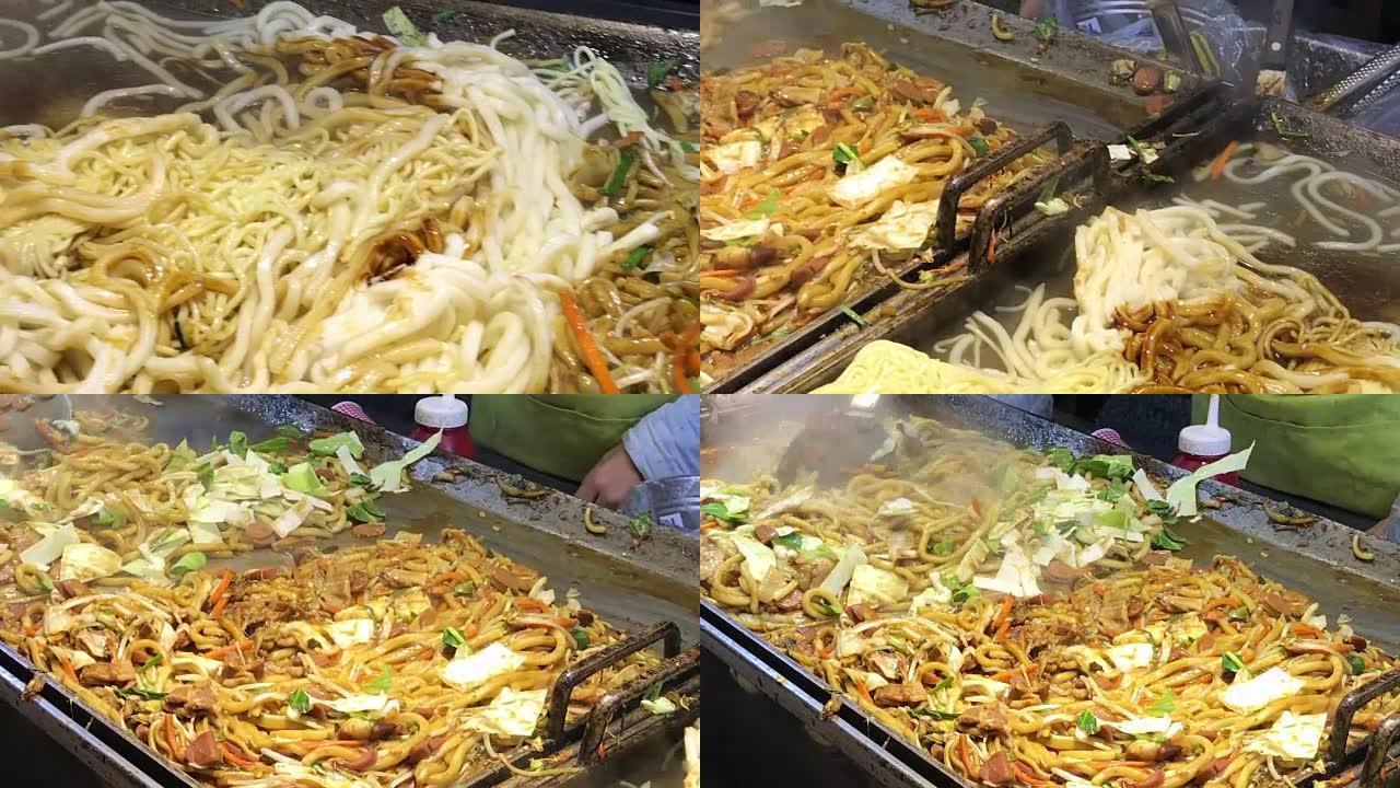 韩国首尔明洞街美食大锅中的Yakisoba。