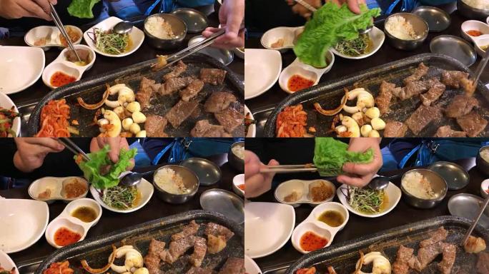 韩国首尔，韩国烧烤家庭午餐时间