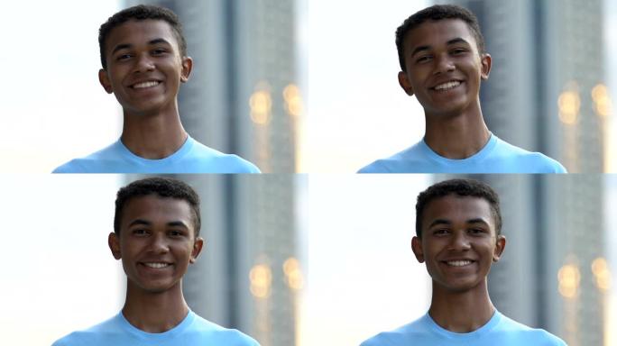 快乐的非洲裔美国男性青少年在镜头前微笑，志愿者项目，动机