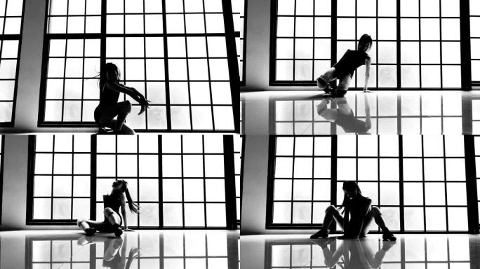 舞蹈剪影黑白影像格子玻璃窗前性感舞娘