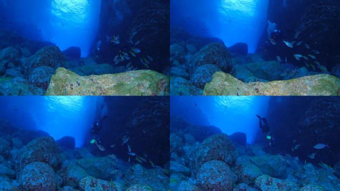 海底拱形结构岩石中的水肺潜水与鲷鱼