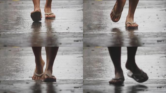 女人在雨天走在城市街道上