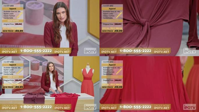 美国商业广告蒙太奇: 电视节目的女主持人与听众交谈并展示设计