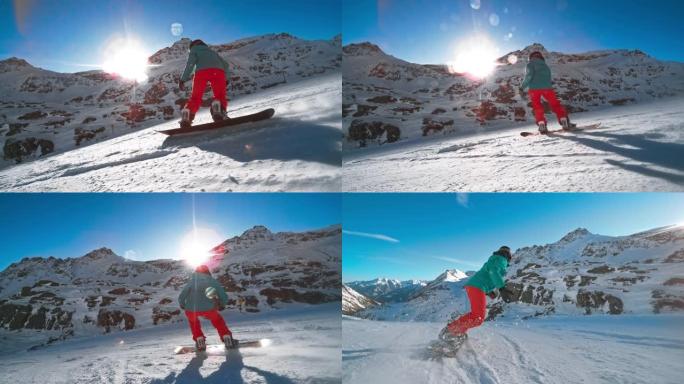 SLO MO TS女滑雪者骑着高山的阳光明媚的山坡