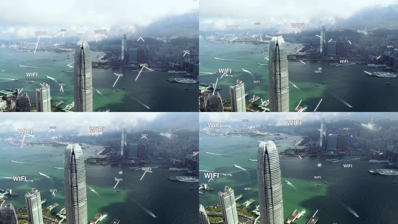 从无人机拍摄的高角度看维多利亚港香港的鸟瞰图。