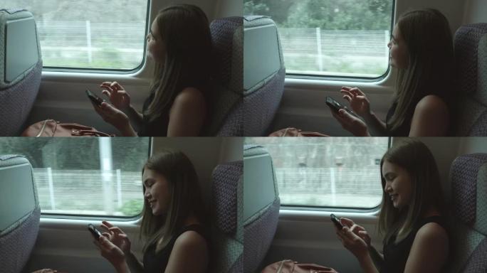 慢动作妇女使用手机并在高速火车上拍照。