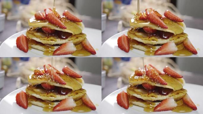 Close up Ting Honey Pancakes Slow Motion 4K