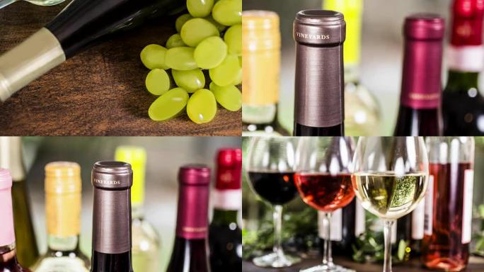 各种葡萄酒选择，白葡萄和瓶子。