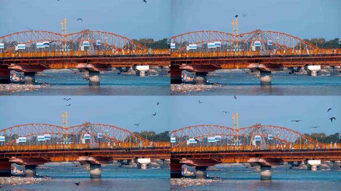 在这座桥附近的城市中，一群猎鹰在河上盘旋