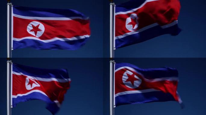 4K: 户外蓝天前旗杆上的朝鲜国旗 (朝鲜)