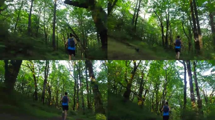 超级马拉松运动员在树林里户外跑步