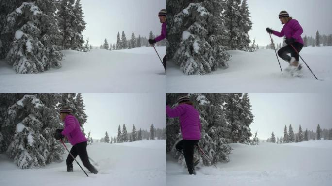 在科罗拉多州西部灰色的冬日天空下，一名穿着冬装雪鞋的白人妇女在松树之间的雪地上