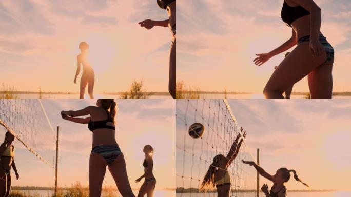 沙滩排球比赛的女孩在日落时在沙滩上慢动作击球。