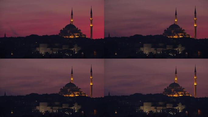土耳其伊斯坦布尔的苏丹艾哈迈德清真寺在夜间照亮，红色的天空延时