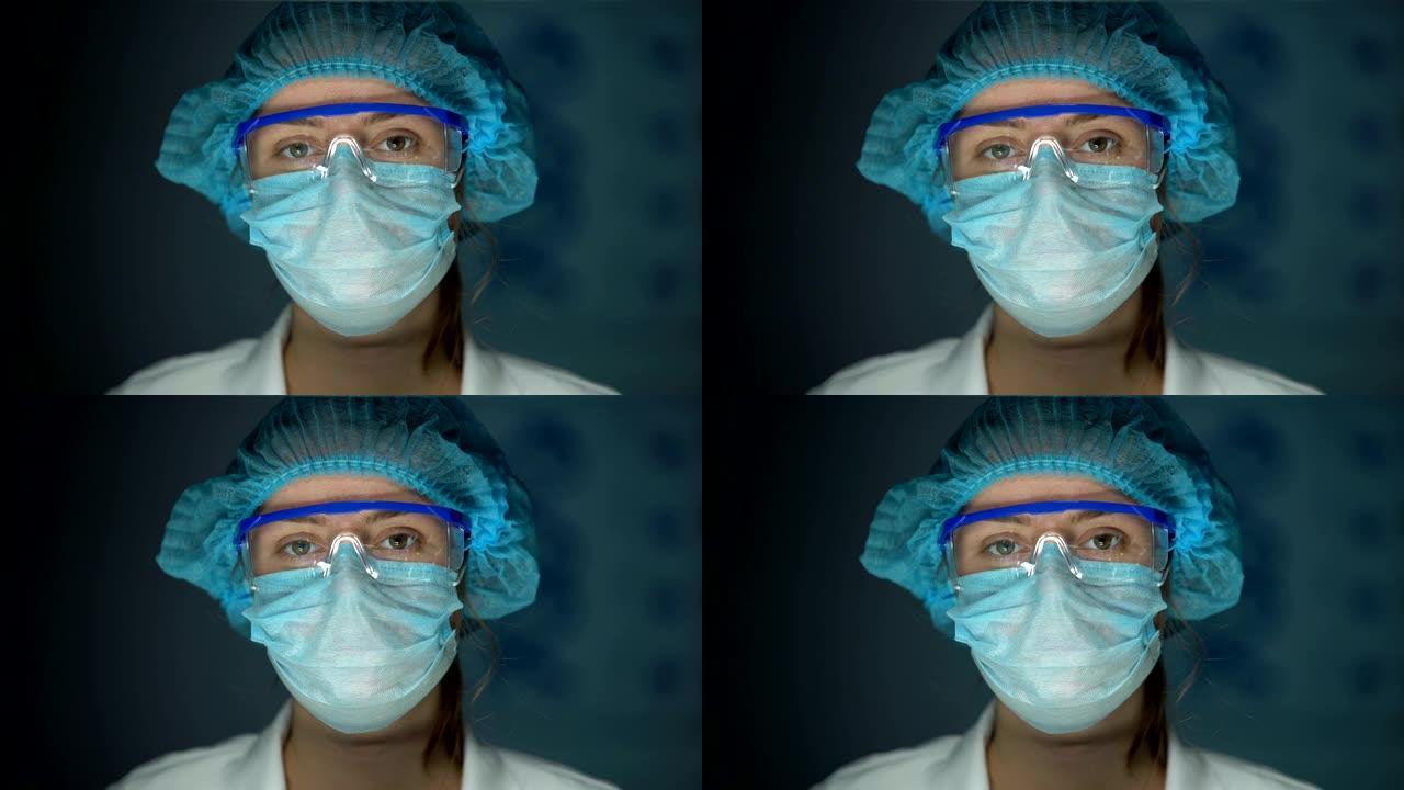 穿着防护服的科学家看着相机，手术后疲倦的医生