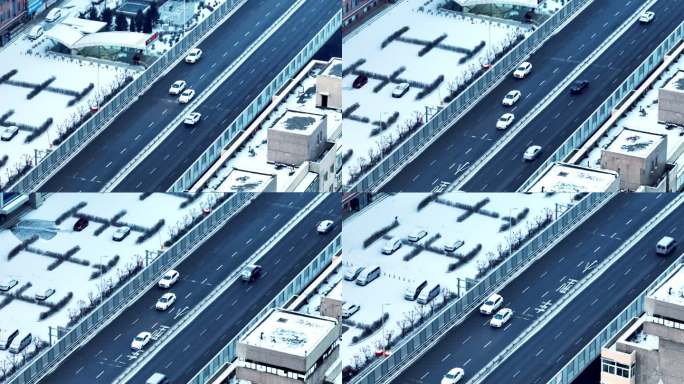 辽宁沈阳冬季雪天城市街道马路航拍