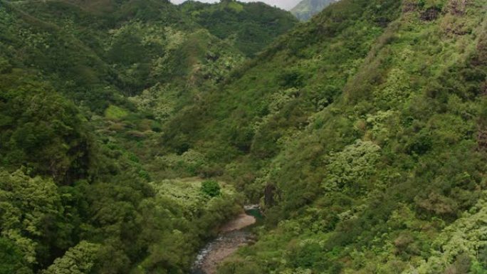 考艾岛哈纳佩山谷鸟瞰图。