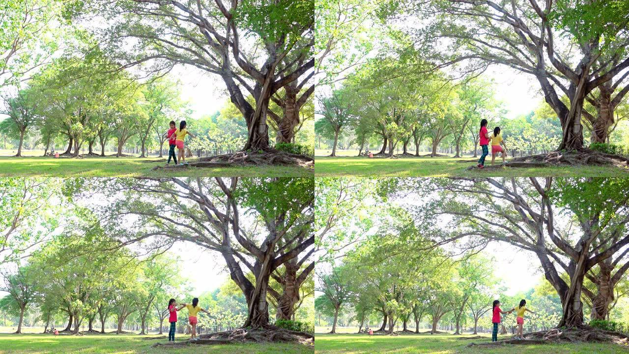 两个年轻女孩在公园的树下散步