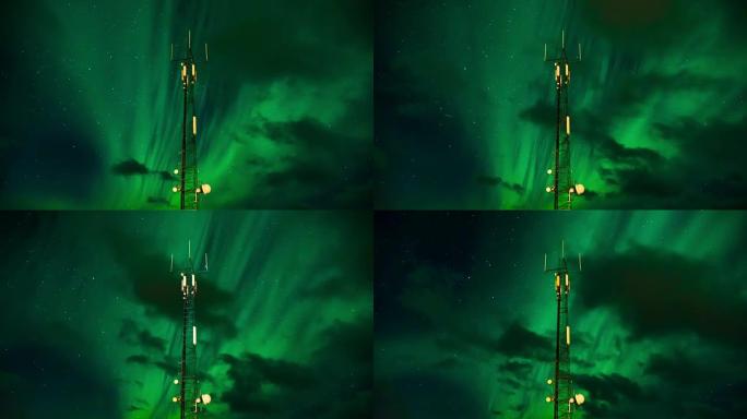 挪威罗弗登群岛的夜空上的北极光 (北极光) 的4k时间流逝，云和天线