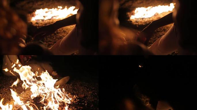 炉火下的浪漫。露营野炊晚上篝火温暖温馨
