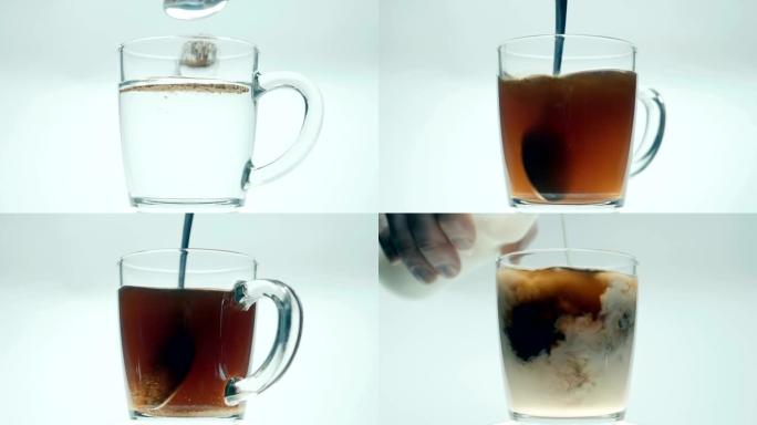 将开水倒入玻璃杯中，放一勺颗粒状咖啡