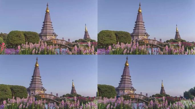 低角度平移: 泰国清迈Doi inthanon的两座宝塔