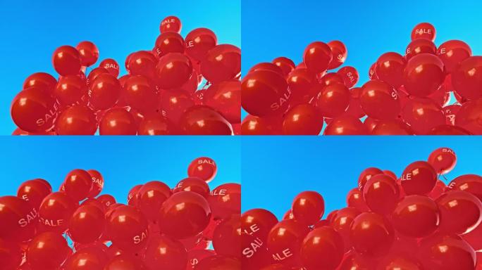 带有 “出售” 铭文的SLO MO LD红色气球漂浮在蓝色阳光明媚的天空中