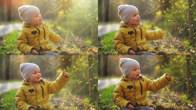 慢动作: 穿着黄色外套的小男孩坐在阳光下的森林中探索周围的世界。在林地里尽情享受和欢笑。自由快乐的童
